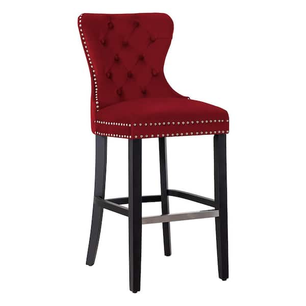WESTINFURNITURE Harper 29 in. High Back Nail Head Trim Button Tufted Red Velvet Bar Stool with Solid Wood Frame in Black