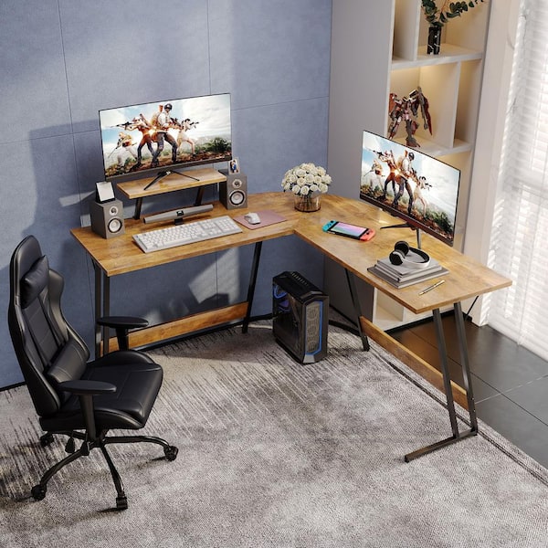 LACOO Gaming Desk L-Shaped Carbon Fiber Surface Gaming Corner Desk Table,  Black 