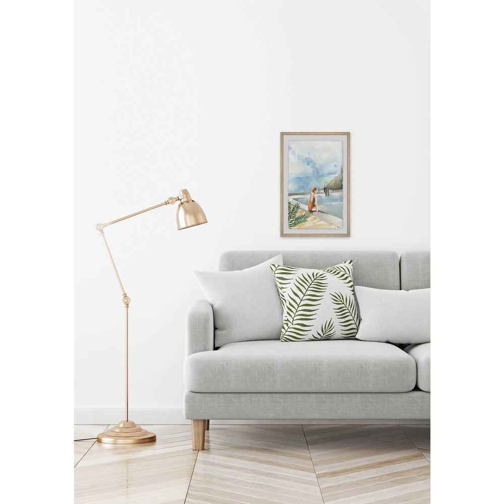 Blue and Beige Framed Canvas Print of Woman by Pool