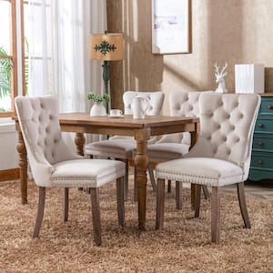 Modern High-End Beige Tufted Solid Wood Velvet Upholstered Dining Chair with Wood Legs Nailhead Trim Set of 2