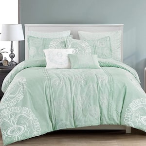 7-Pieces Light Blue Reversible Luxury Embroidery Microfiber Polyester King Comforter Set