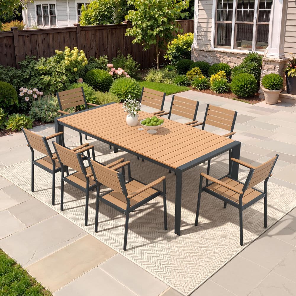 9-Piece Brown 83.86 in. Aluminum Patio Outdoor Dining Set with Umbrella Hole and Stackable Dining Chairs