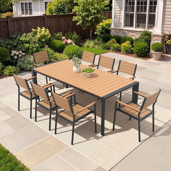 9-Piece Brown 83.86 in. Aluminum Patio Outdoor Dining Set with Umbrella Hole and Stackable Dining Chairs