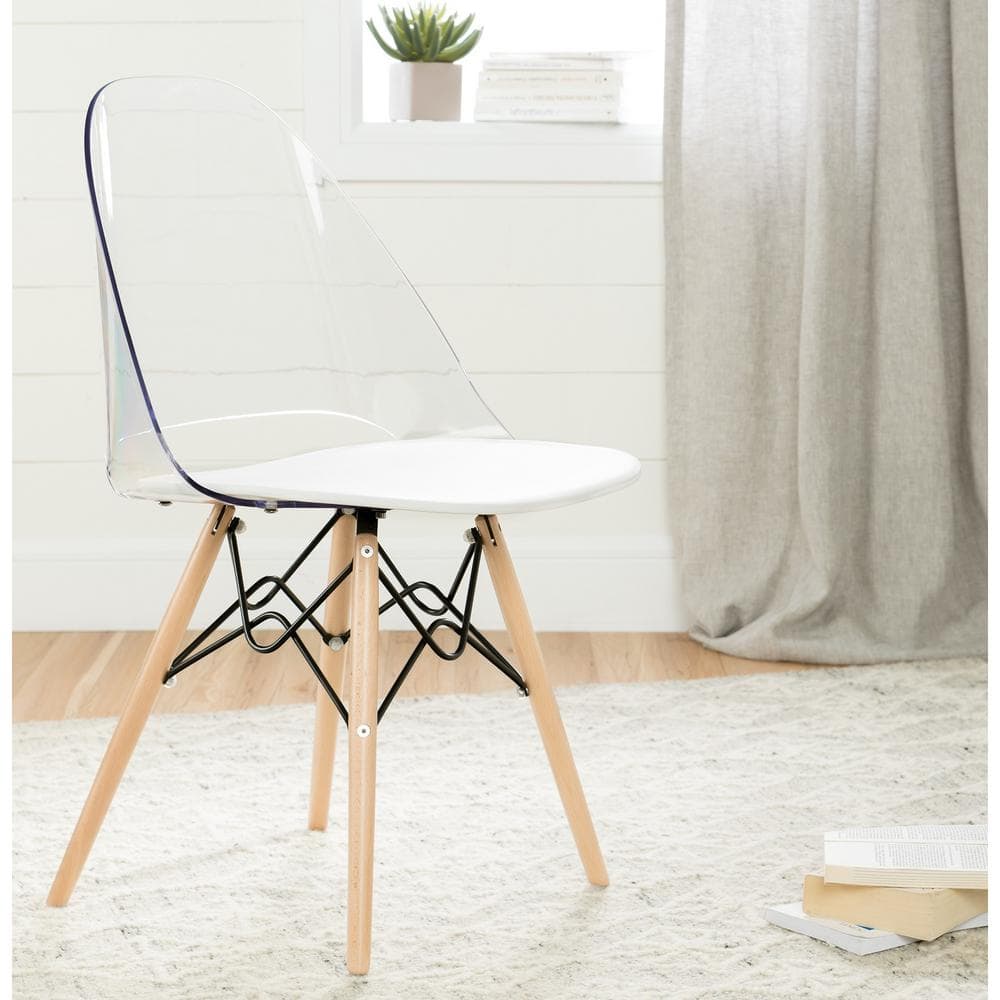 White and Clear Armless Swivel Dining Chair with Light Wood Legs