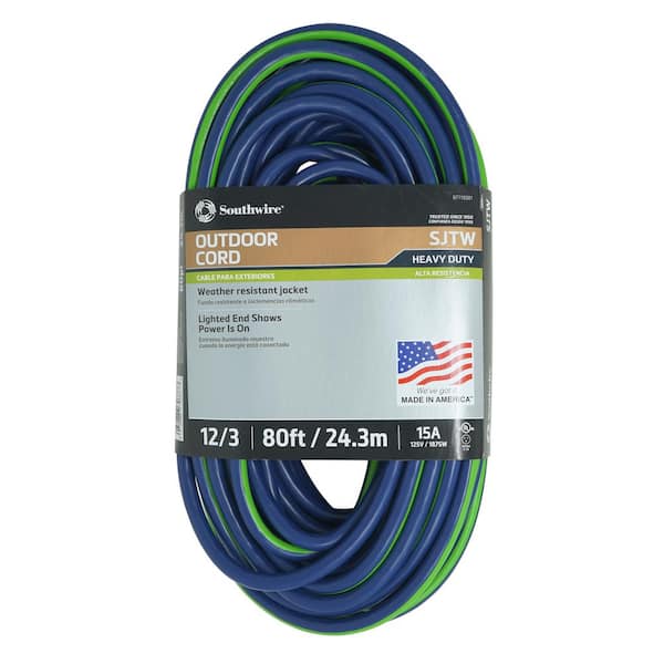 Southwire 80 ft. 12/3 SJTW Multi-Color Outdoor Heavy-Duty Extension Cord with Power Light Plug