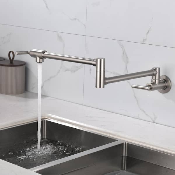 Wall Mounted Double Handle 1.8 GPM Pot Filler with 2 Built- in Ceramic Cartridge and Mounting Hardware in Brushed Nickel
