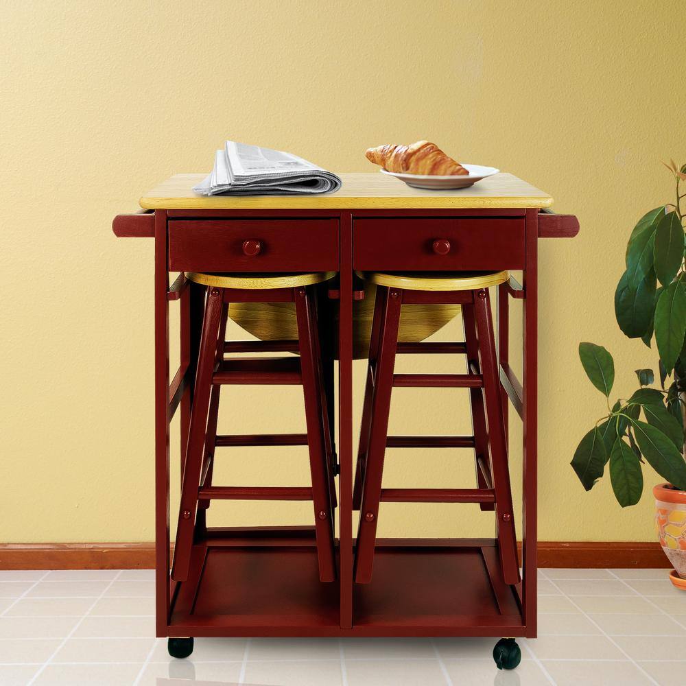 Round Red Butcher Block Kitchen Cart with Drop-Leaf and Storage