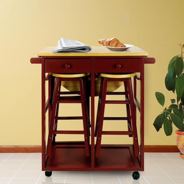 Red Breakfast Cart with Drop-Leaf Table