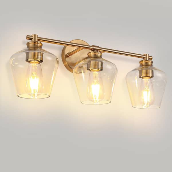 22 in. 3-Light Black Gold Bathroom Vanity Light, Over Mirror Fixture with Clear Globe Glass Shades