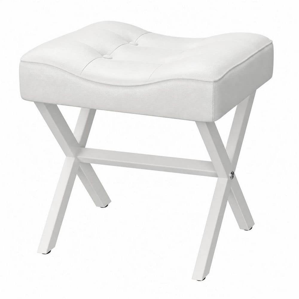 White Alloy Steel 17.7 in. Tall Large Leather Makeup Vanity Stool with Metal X-Leg and Thick Padded Saddle Seat
