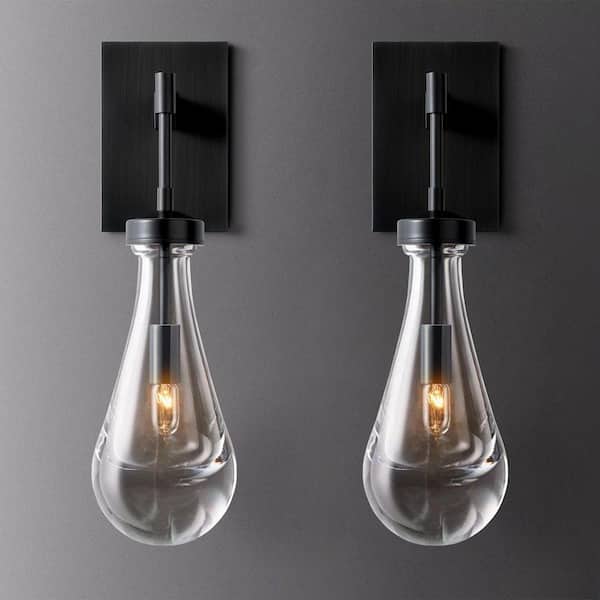 Gleam Flare 17.7 in. 1-Light Black Wall Sconce, Raindrop Wall Lighting with Hand Blown Solid Glass, Brass Base and Rod (2-Sets)