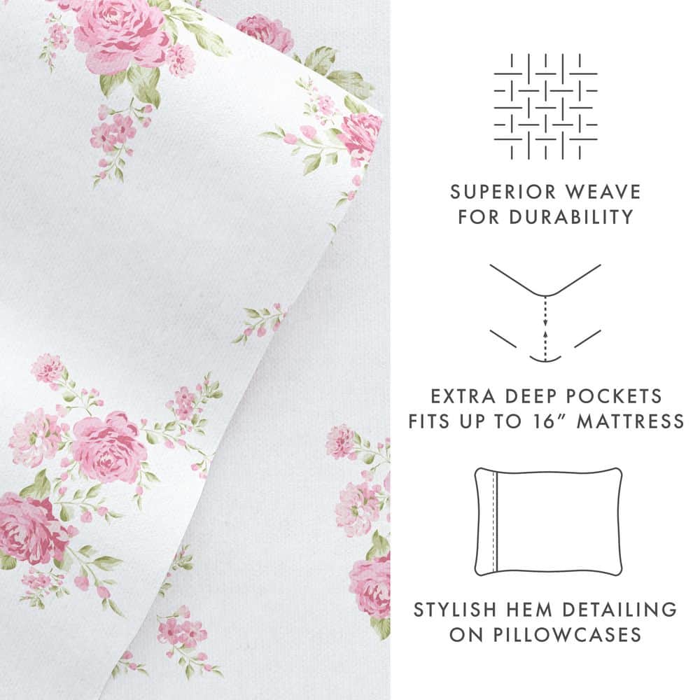 Queen Pink Floral Cotton Flannel Deep Pocket Sheet Set
