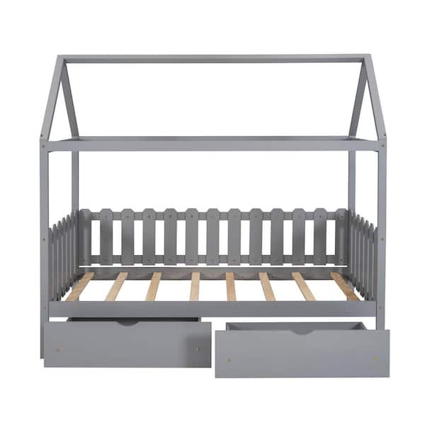 STICKON Gray Wood Frame Twin Size House Platform Bed with Drawers