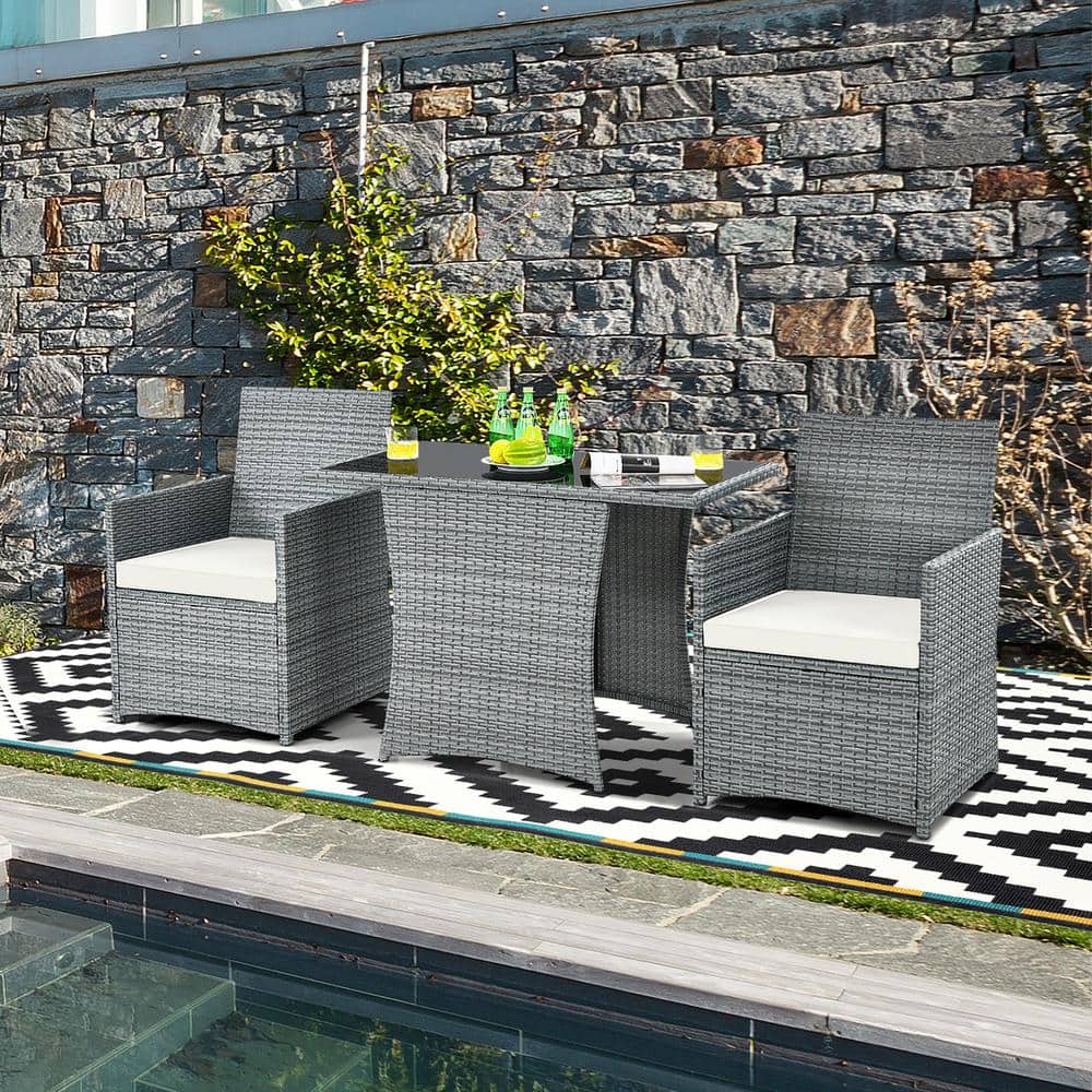 Gray Wicker 3-Piece Patio Set with White Cushions