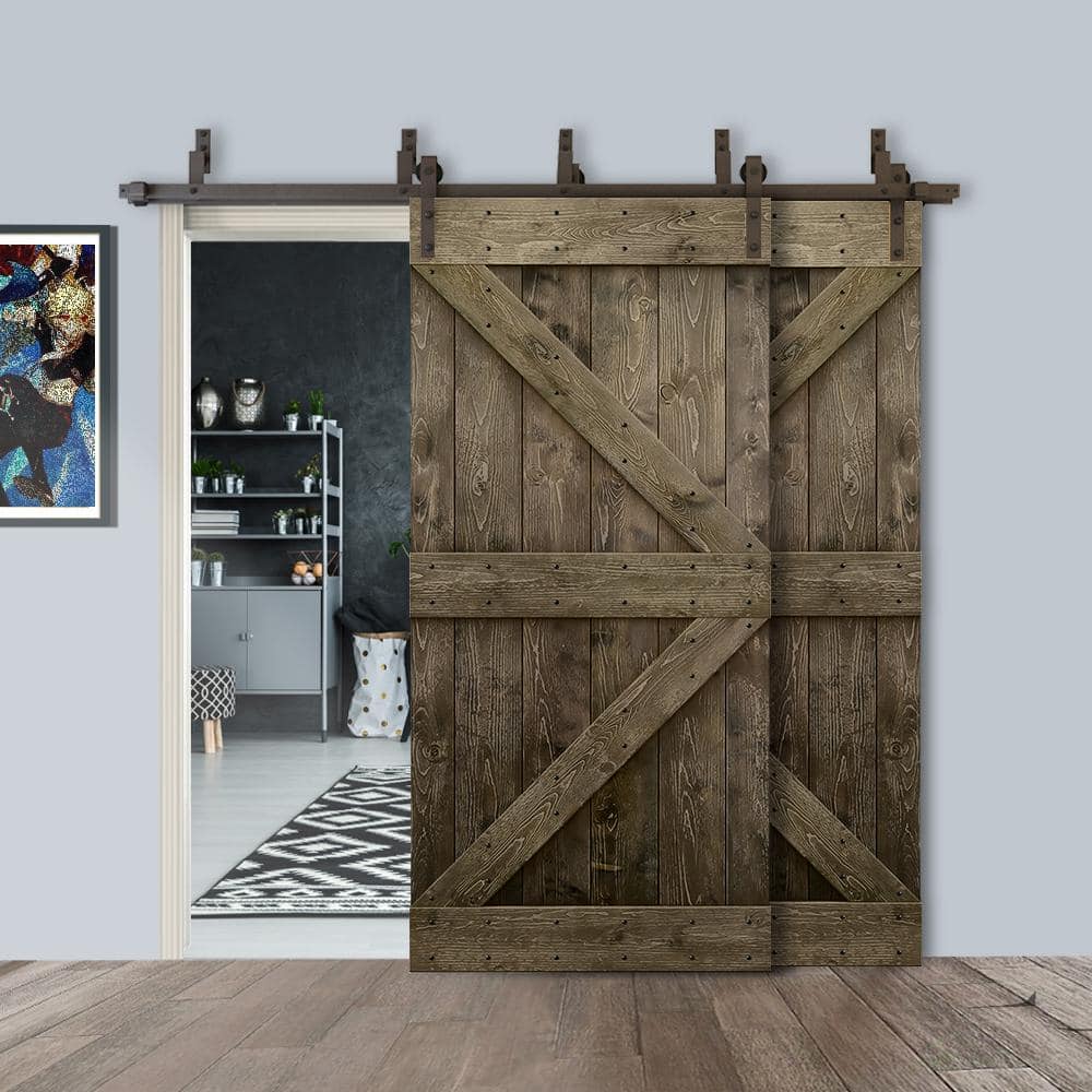 Espresso Stained Solid Pine Double Sliding Barn Door Kit with Oil Rubbed Bronze Hardware