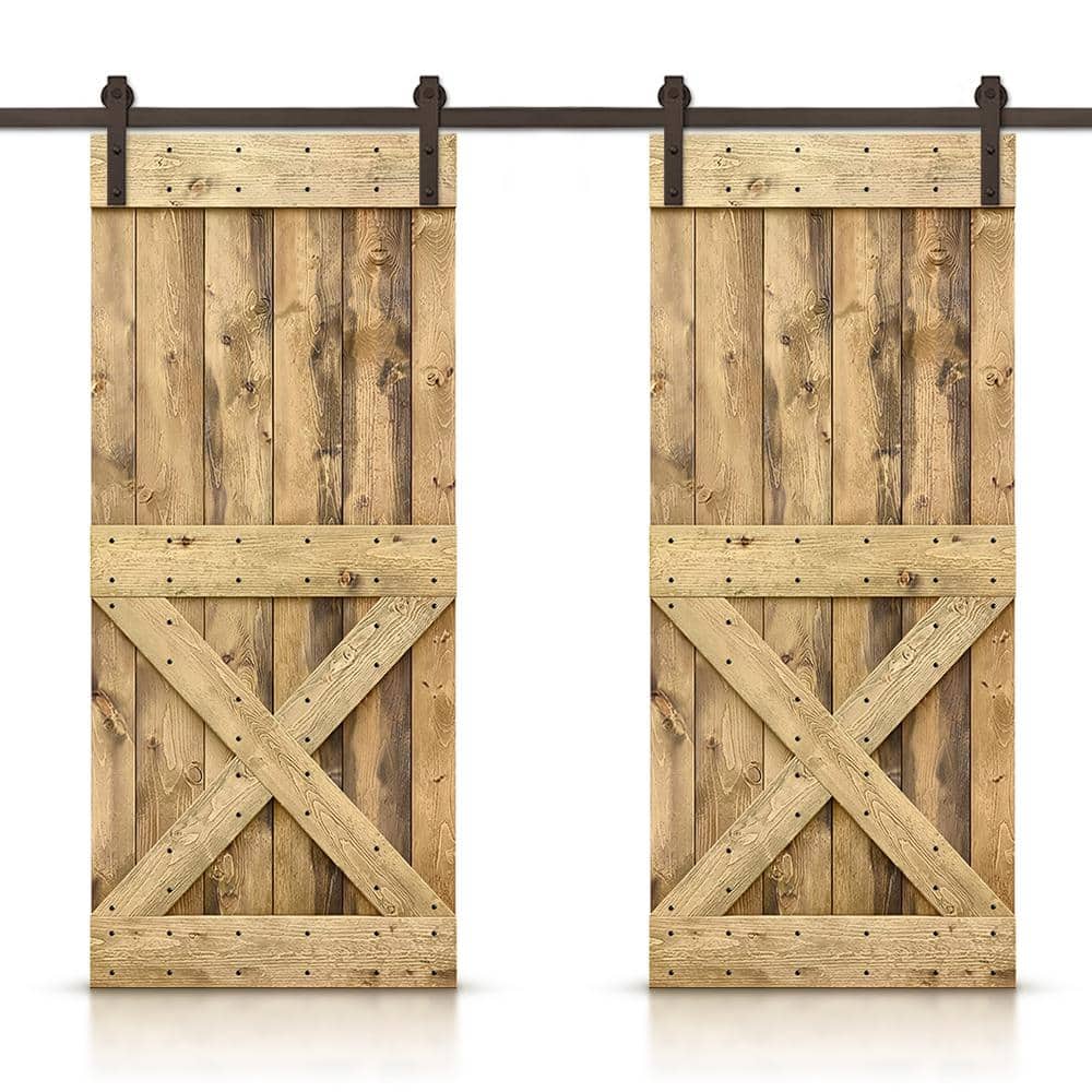 72 in. x 84 in. Mini X Series Weather Oak Stained Solid Pine Wood Interior Double Sliding Barn Door with Hardware Kit price history on PriceWatchPro