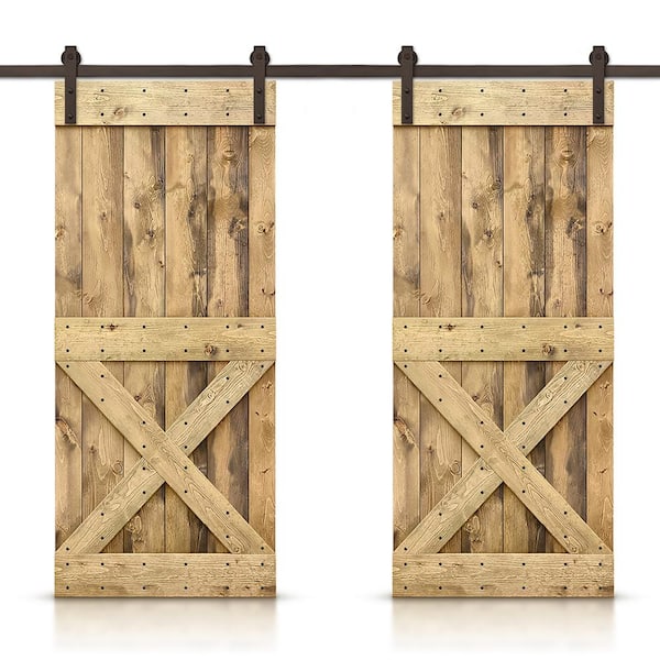 CALHOME 72 in. x 84 in. Mini X Series Weather Oak Stained Solid Pine Wood Interior Double Sliding Barn Door with Hardware Kit