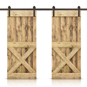 84 in. x 84 in. Mini X Series Weather Oak Stained Solid Pine Wood Interior Double Sliding Barn Door with Hardware Kit