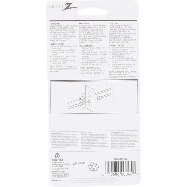 Zenith Flush Mount Ethernet/Coaxial Cable Wall Jack, White