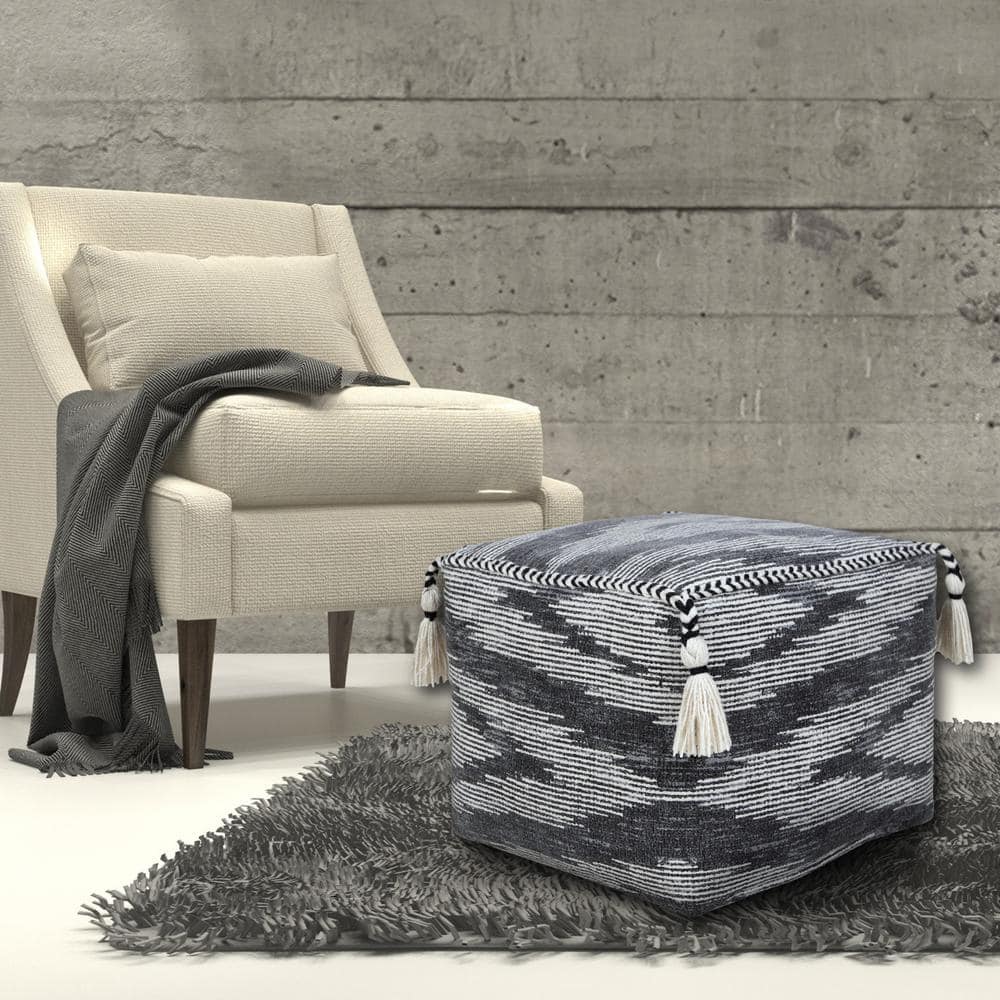 Gray and Ivory Cotton Geometric Pouf with Tassels