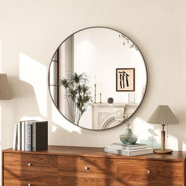 Black 23.8 in. W x 23.8 in. H Round Modern Bathroom Vanity Wall Mirror Aluminum Alloy Framed Mirror