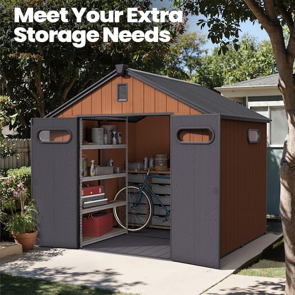8 ft. x 8 ft. Resin Outdoor Garden Storage Shed with Floor (64 sq. ft.), Windows, Drainage and Air Vent in Brown