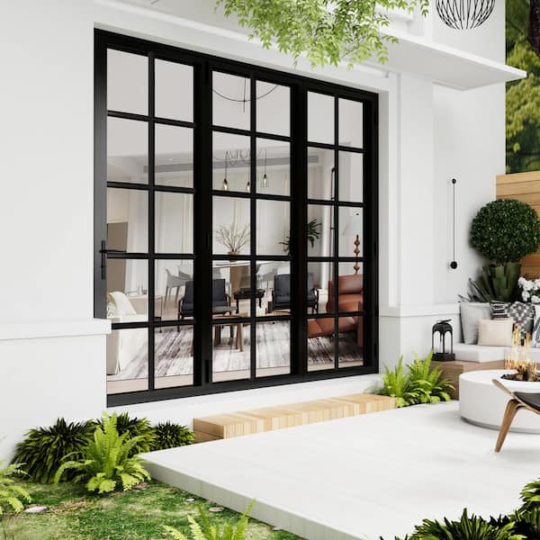 96 in. x 96 in. Left Swing/Outswing Double Tempered Glass Black Aluminum Folding Patio Door