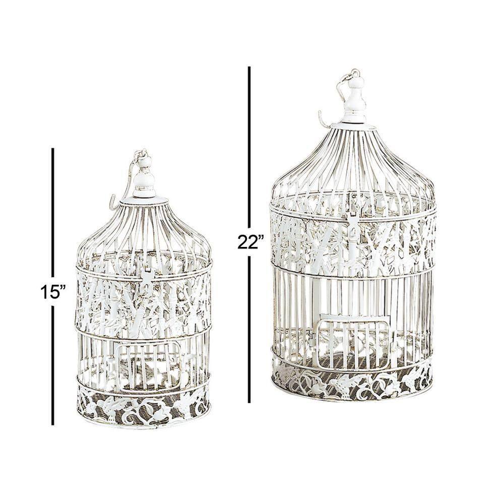 White Iron Floral Design Hanging and Standing Birdcages, Set of 2