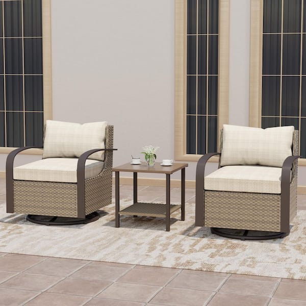 3-Piece Wicker Patio Conversation Set, Outdoor Swivel Chairs and Side Table with Beige Cushions
