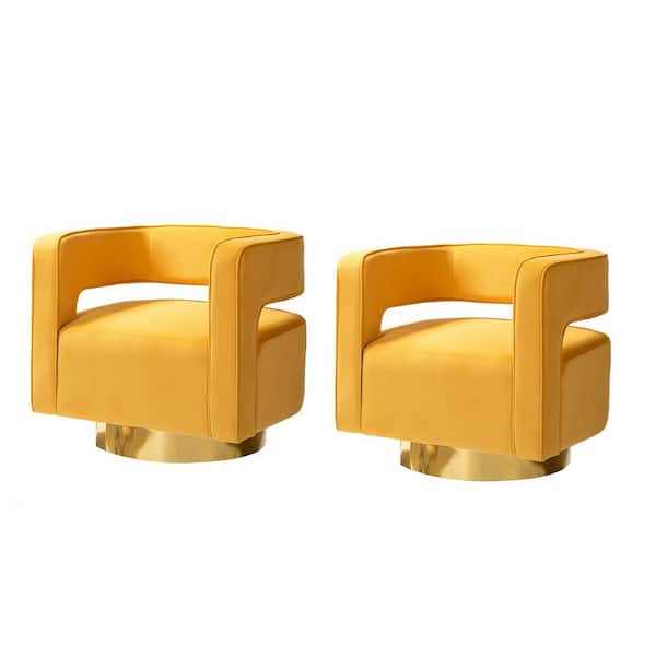 JAYDEN CREATION Gustaf Contemporary Mustard Velvet Comfy Swivel Barrel Chair with Open Back and Metal Base (Set of 2)