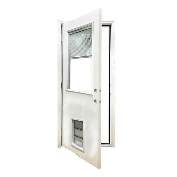 Steves & Sons 36 in. x 80 in. Reliant Series Clear Mini-Blind RHOS White Primed Fiberglass Prehung Front Door with Extra Large Pet Door
