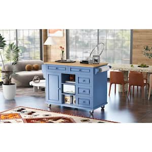 Blue Solid Rubberwood Top 52.8 in. Kitchen Island Cart with Locking Wheels Adjust Shelves Storage and 5-Drawer