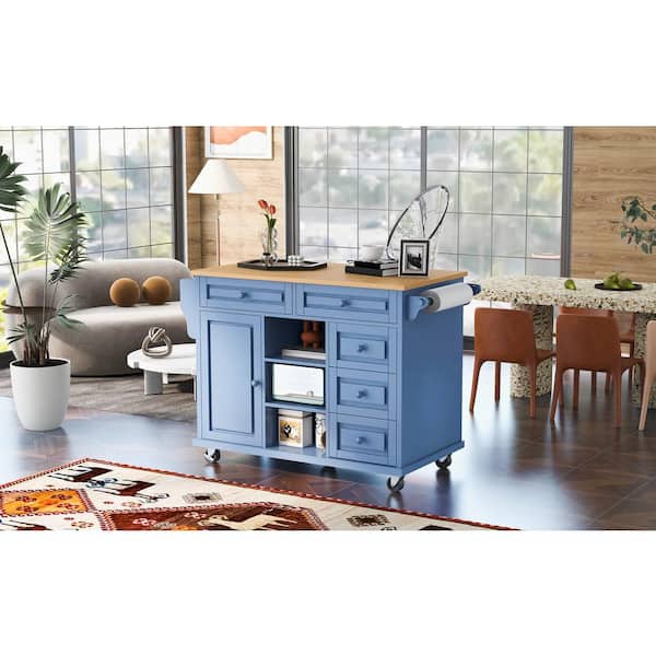 Blue Rubber Wood Countertop 53.15 in. Kitchen Island with 8-Drawers and Flatware Organizer on 5-Wheels
