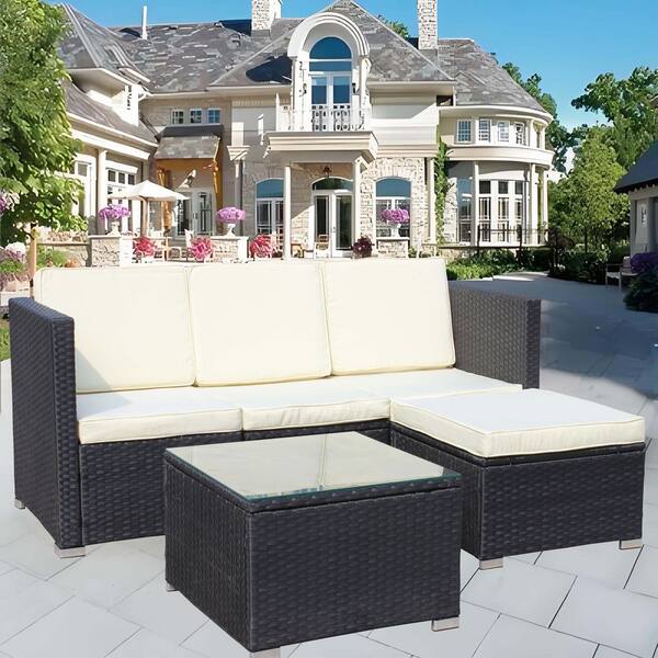 OGETFUUR 5-Piece Wicker Outdoor Sectional Set with Beige Cushions, Patio Sofa Set with Coffee Table