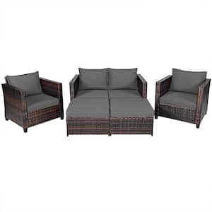 5-Piece Outdoor Patio Rattan Furniture Set Loveseat Sofa Ottoman Gray Cushioned