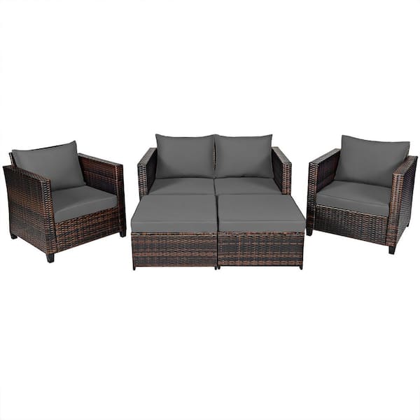 5-Piece Outdoor Patio Rattan Furniture Set Loveseat Sofa Ottoman Gray Cushioned