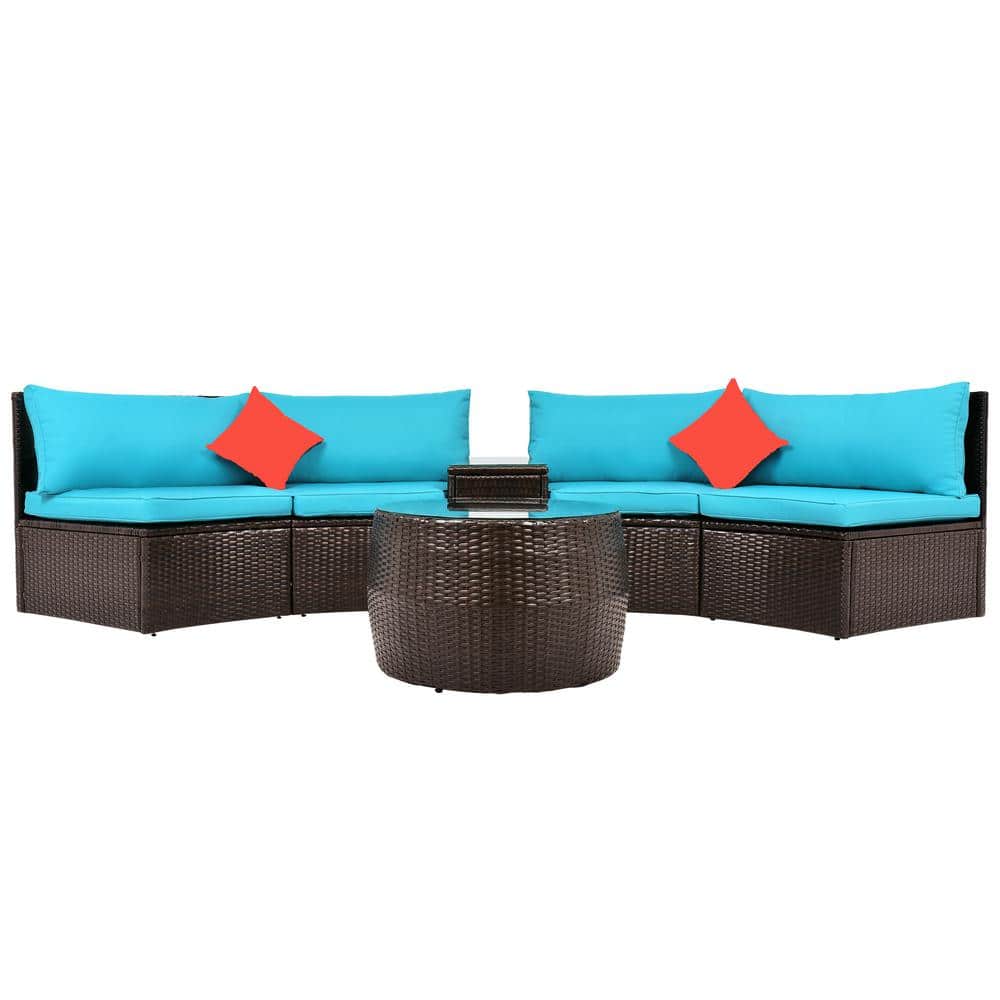4-Piece Half-Moon PE Rattan Wicker Outdoor Patio Conversation Set with Blue