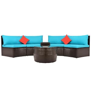 4-Piece Half-Moon PE Rattan Wicker Outdoor Patio Conversation Set with Blue Cushion and Round Coffee Table