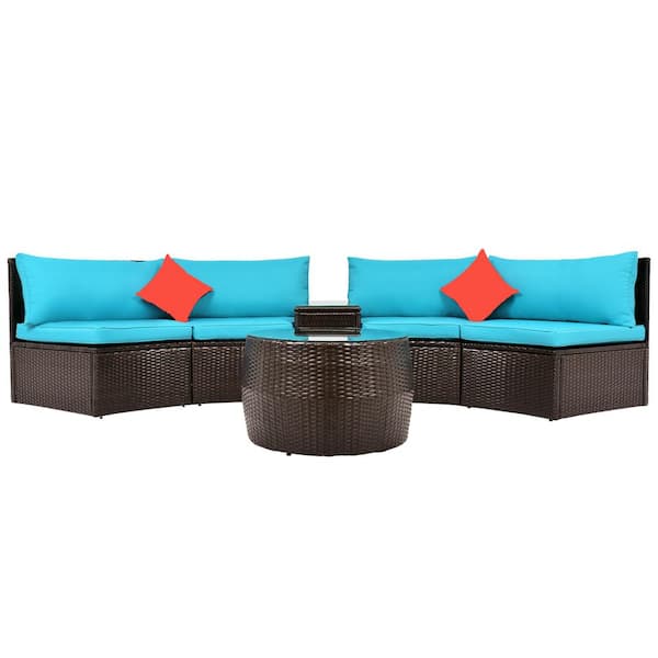 Unbranded 4-Piece Half-Moon PE Rattan Wicker Outdoor Patio Conversation Set with Blue Cushion and Round Coffee Table