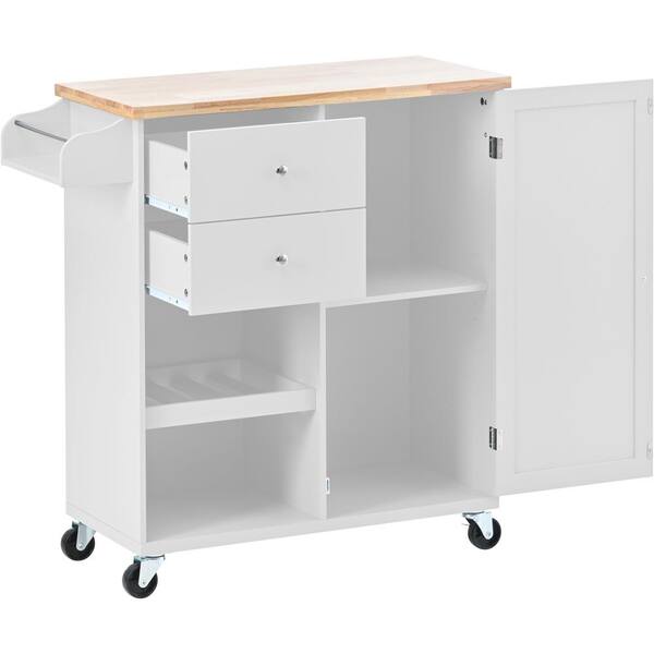 Zeus & Ruta White Kitchen Cart on 4 Wheels with 2 Drawers and 3 Open ...