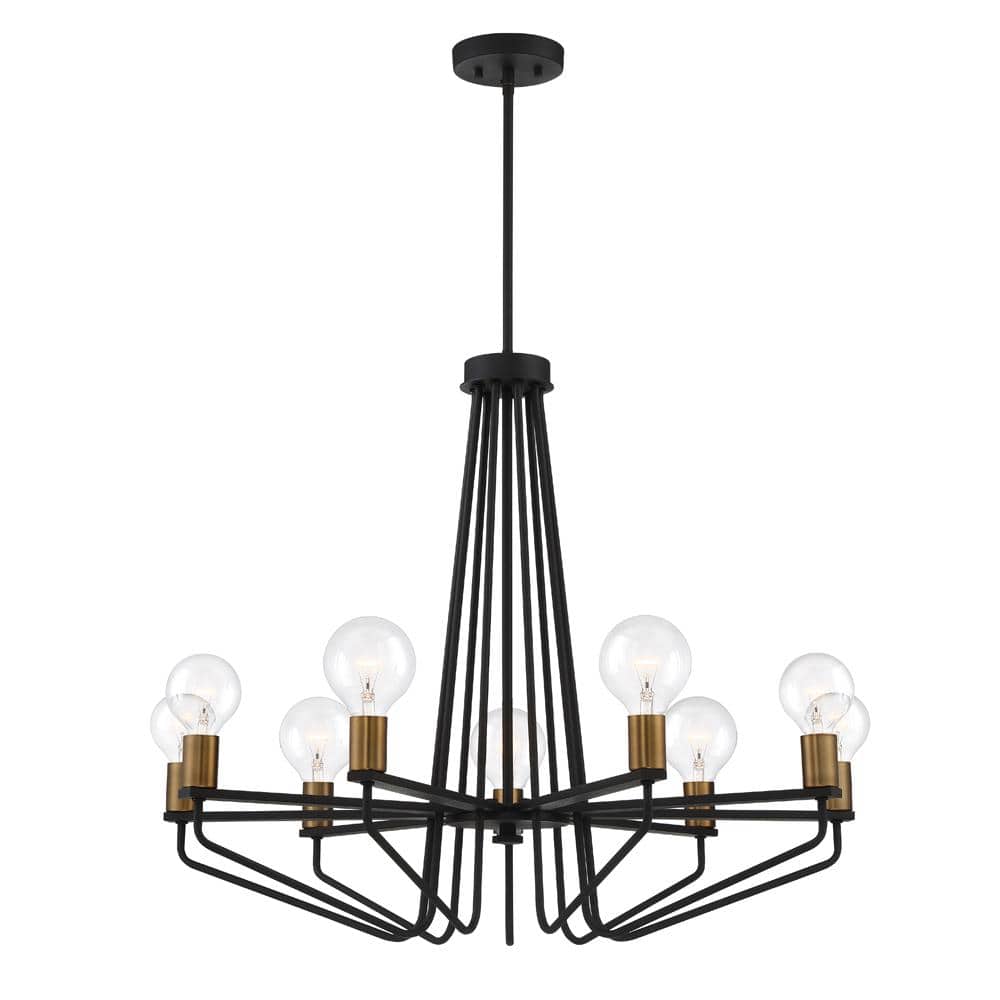 Ravella 27" Black Aluminum 9-Light Industrial Chandelier with Satin Brass Accents