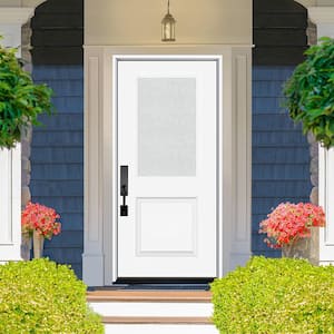 Legacy 36 in. x 80 in. 1/2-Lite Rain Glass RHIS Primed White Finish Fiberglass Prehend Front Door