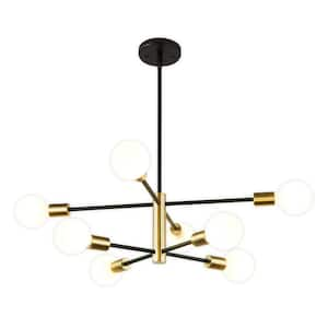 25.6 in. 8-Light Mid Century Sputnik Linear Gold Chandelier with 4 Extension Rods and Sloped Ceiling Adapter