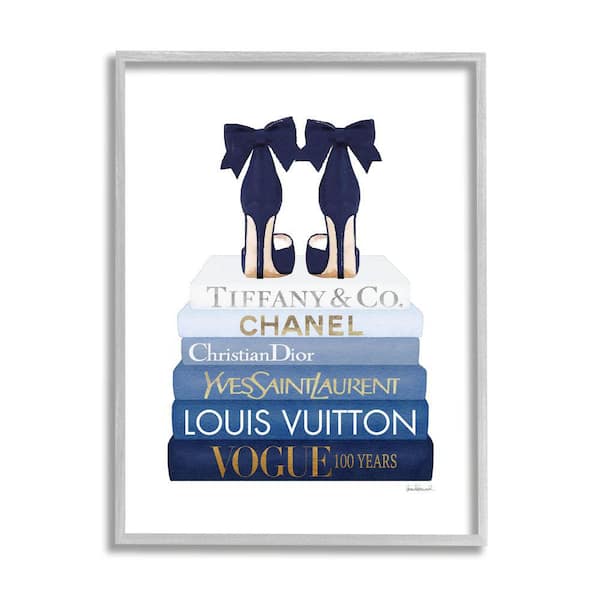 Stupell Industries Navy Blue Bow Heels Chic Glam Bookstack By Amanda Greenwood Framed Print Abstract Texturized Art 16 in. x 20 in.