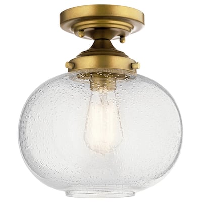 Avery 9.75 in. 1-Light Natural Brass Hallway Vintage Industrial Semi-Flush Mount Ceiling Light with Clear Seeded Glass