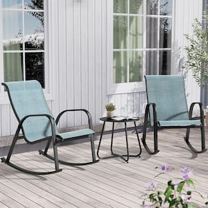 Blue 3-Piece Metal Outdoor Patio Bistro Rocking Chair Set, for Front Porch, Garden, Patio, Backyard