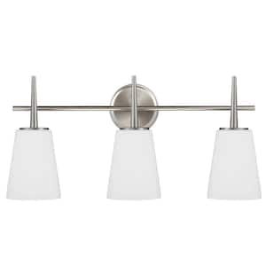 Driscoll 24.5 in. 3-Light Contemporary Modern Brushed Nickel Wall Bathroom Vanity Light with White Etched Glass