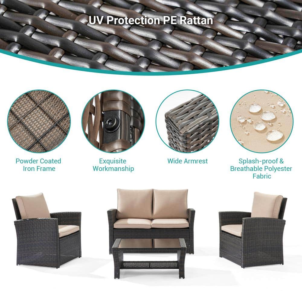 Close-up details of the brown rattan furniture, including the texture, frame, and armrests.
