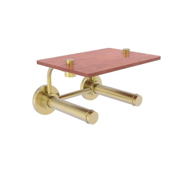 Allied Brass Prestige Skyline Collection Wall Mounted Toilet Paper Holder in Satin Brass with Wood Shelf