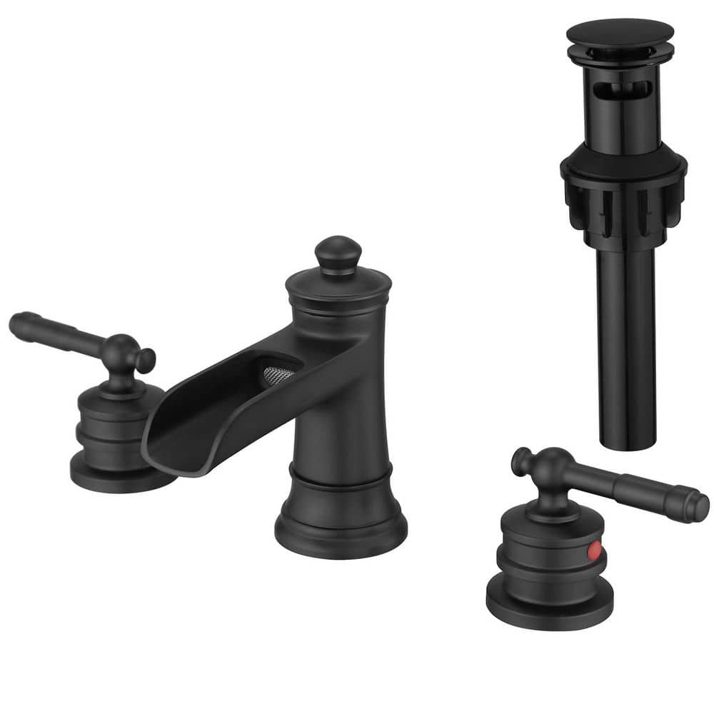 8 in. Widespread Double Handle Waterfall Bathroom Faucet Vanity Basin Mixer Tap with Pop Up Drain in Matte Black price history on PriceWatchPro